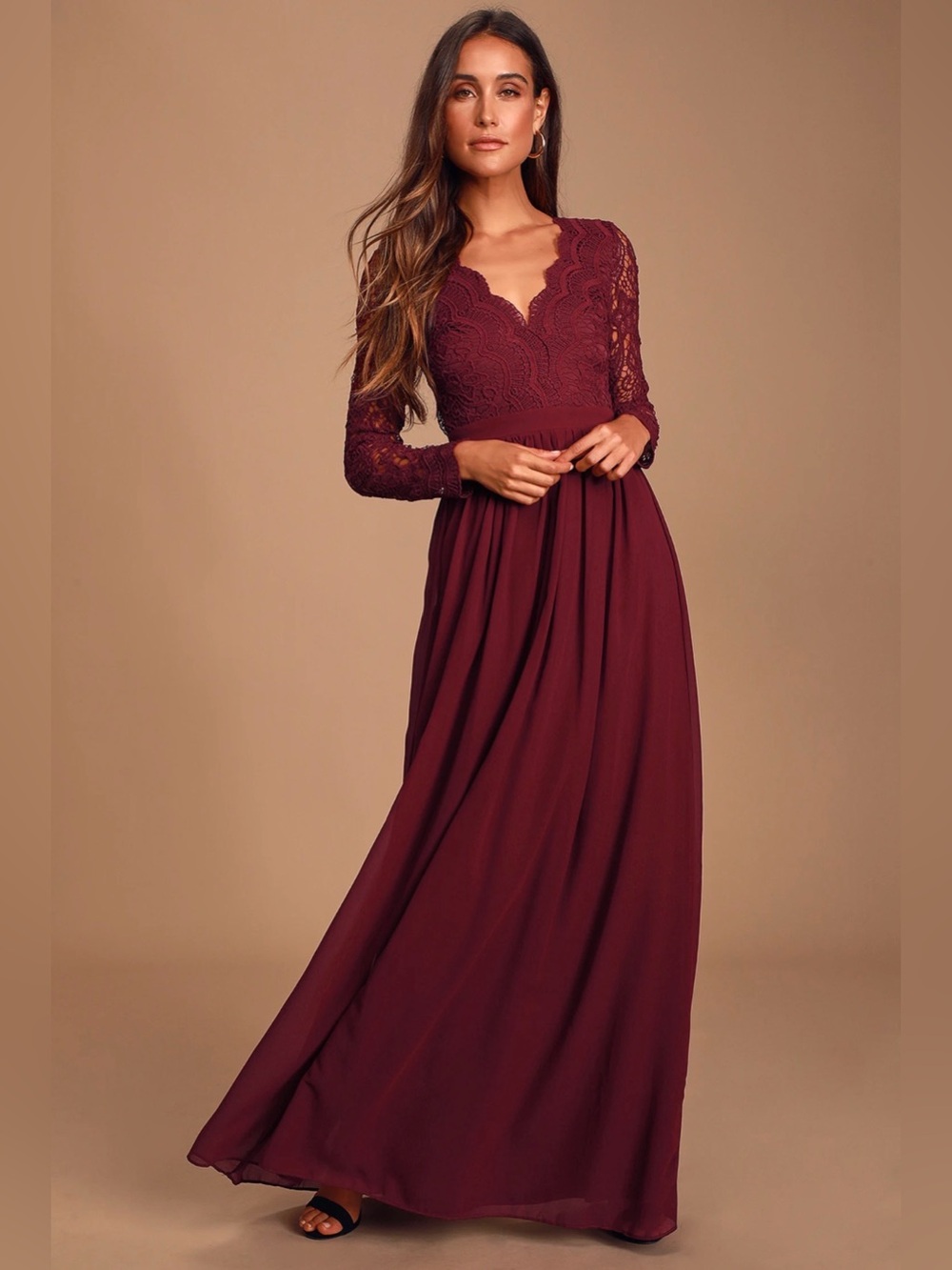 Lulus Awaken My Soul Burgundy Long Sleeve Lace Maxi Dress
